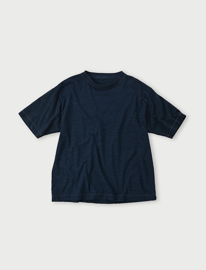 美品■45R リネン100％ 洗える インディゴタックレース×天竺Tシャツ 美品□45R リネン100％ 洗える インディゴタックレース×天竺Tシャツ
