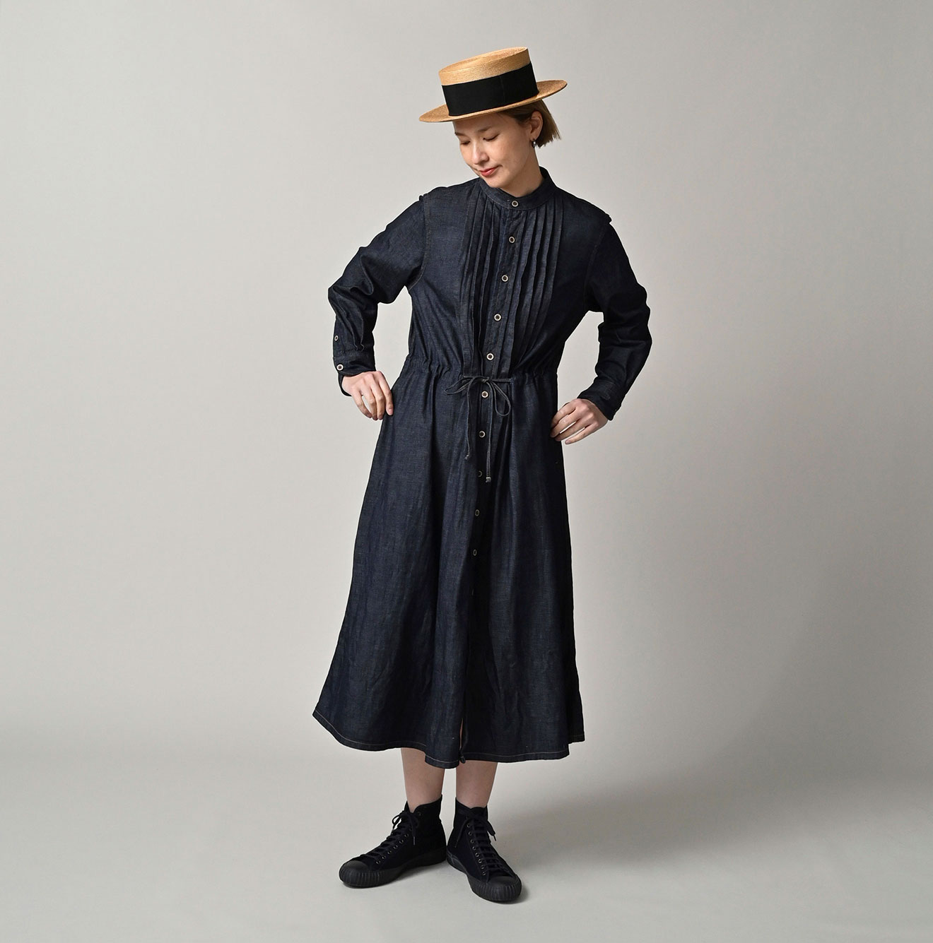 45R45プチデニムのタックシャツドレス（濃）: WOMEN｜45R
