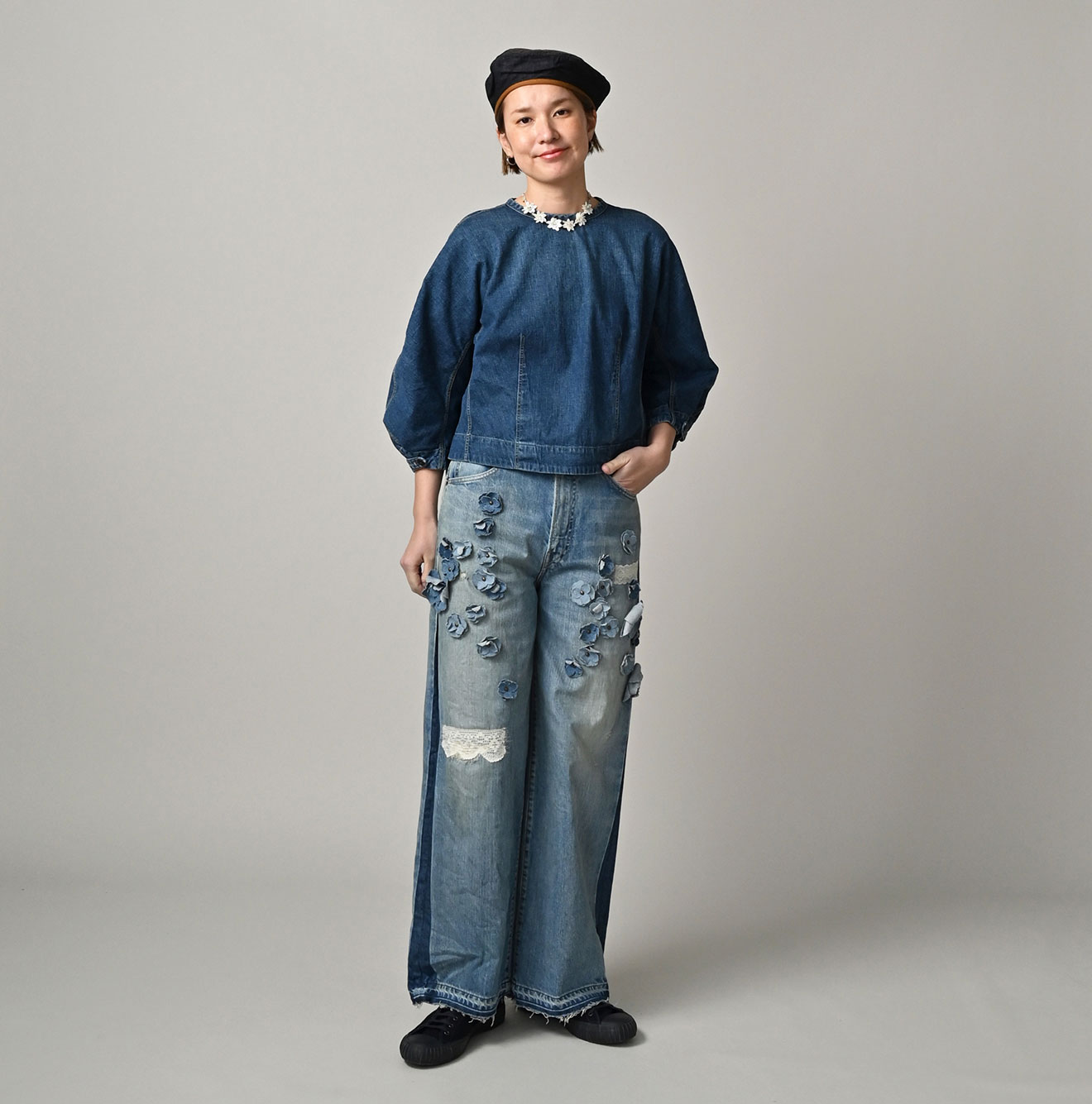 45Rライ麦デニムのバチ比女 遖加工（フルール・清）: WOMEN｜45R